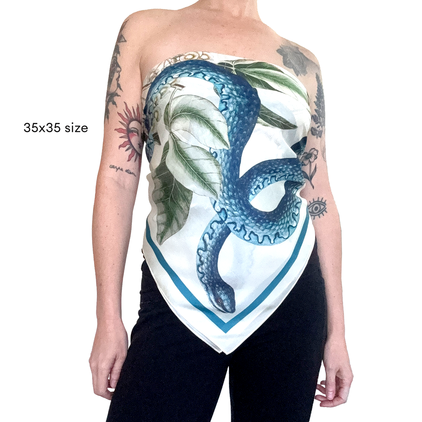 100% Silk Scarf Blue Snake and Butterfly Summer Bandana: 17" x 17"