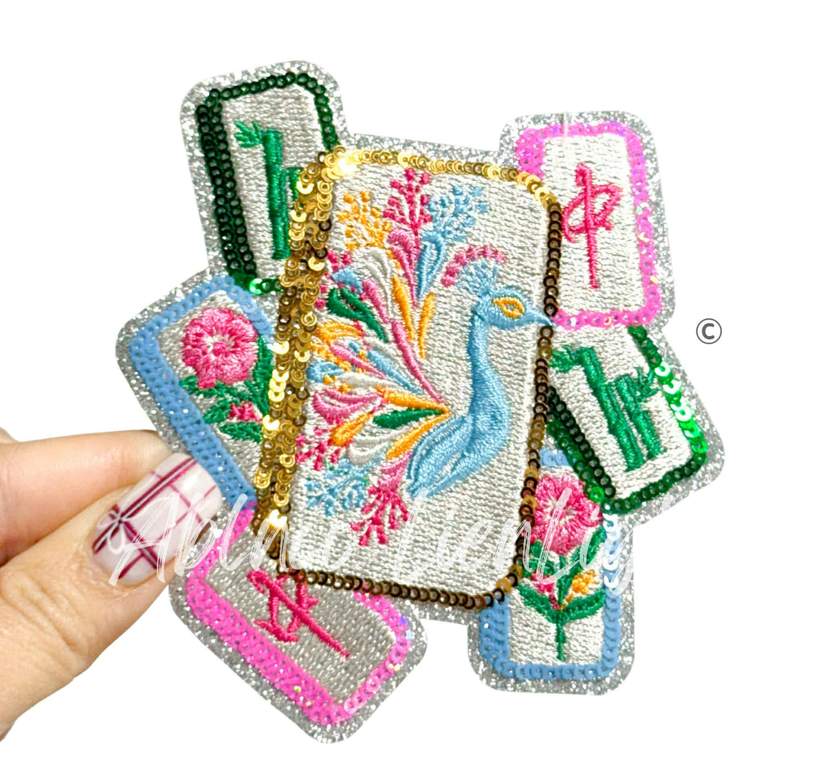 Mahjong Bird Bam Game Tiles Sequins Patch - Small