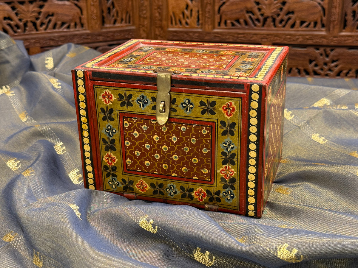 Vintage Indian Hand-Painted Wooden Jewelry Box in Red
