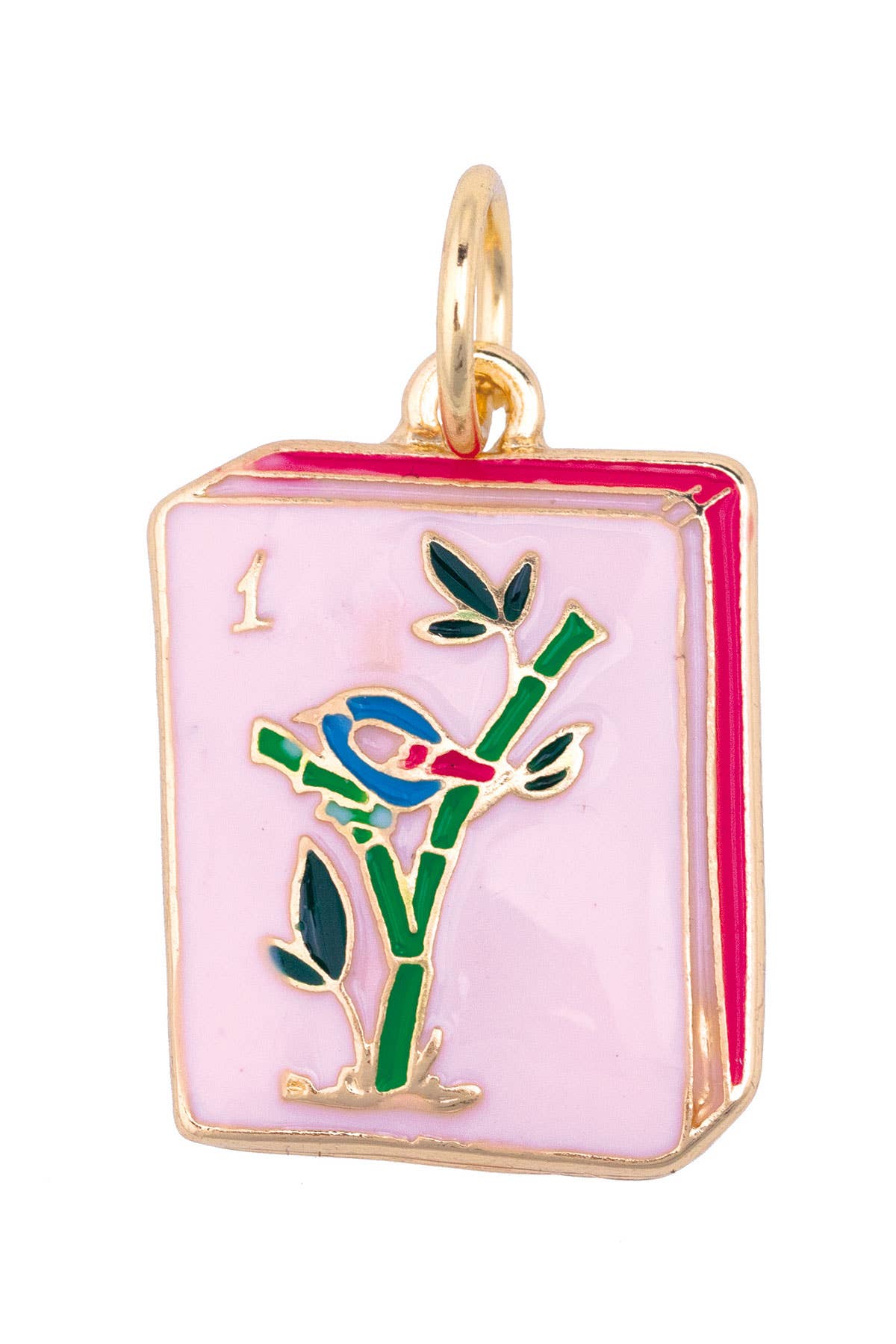 Mahjong Enamel Tile Charm in Pink Birdie Bam