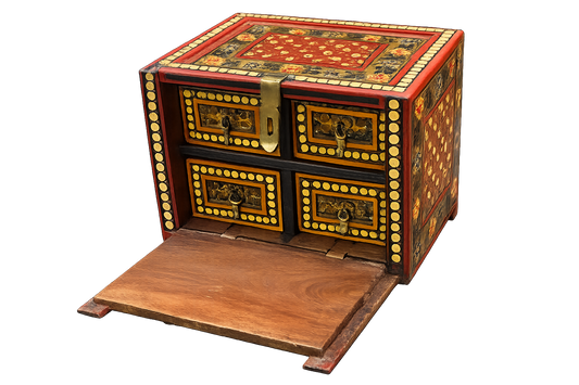 Vintage Indian Hand-Painted Wooden Jewelry Box in Red