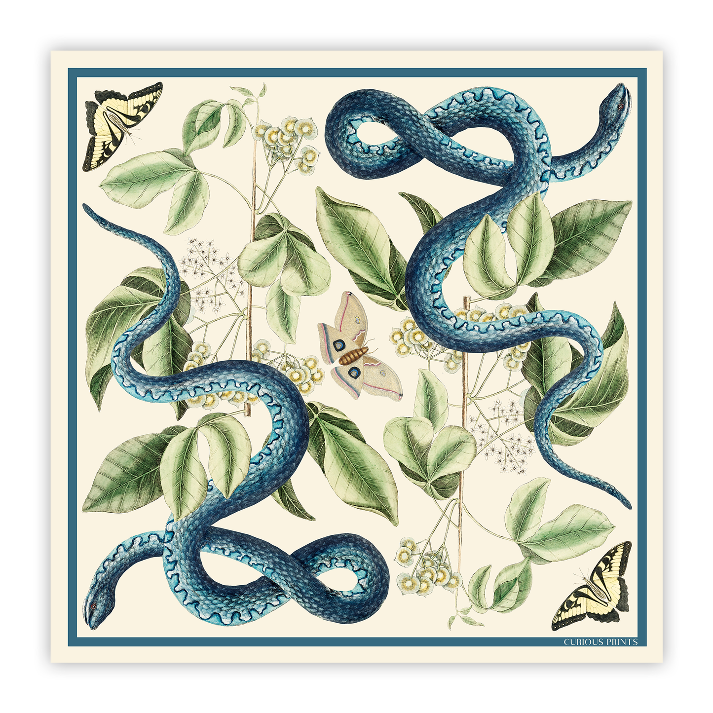 100% Silk Scarf Blue Snake and Butterfly Summer Bandana: 17" x 17"