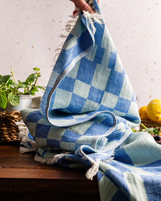 Grids Geometric Tea Towel: Cobalt Mint Geometric
