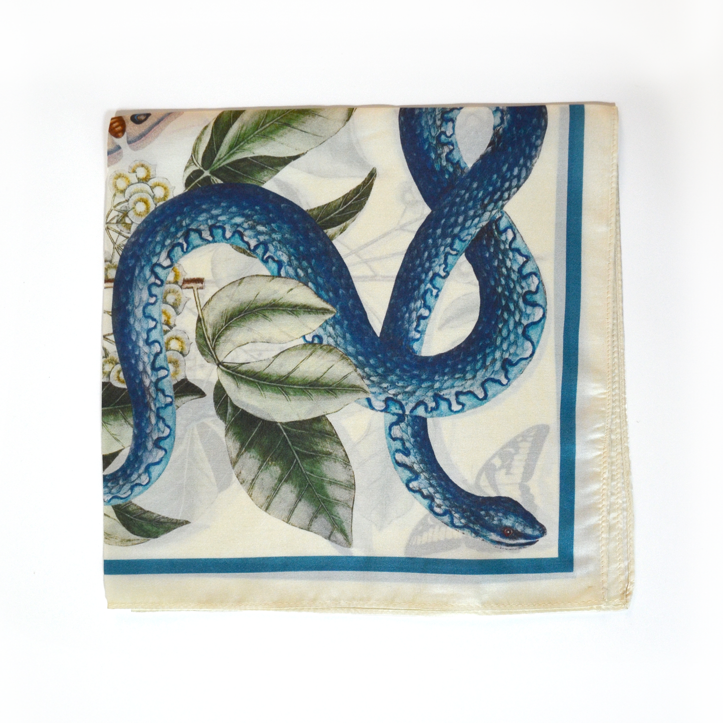100% Silk Scarf Blue Snake and Butterfly Summer Bandana: 35" x 35"