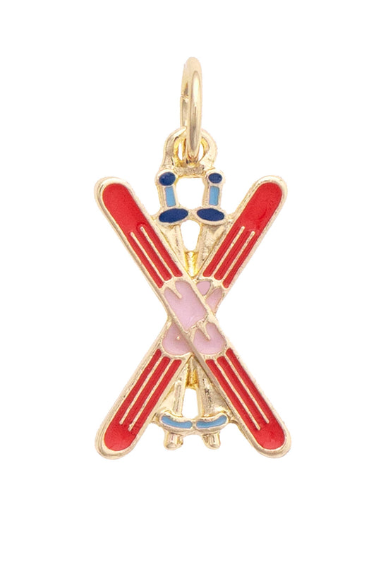 Snow Skis Enamel Charm in Red
