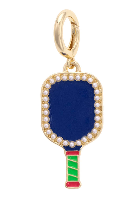 Pearl Studded Pickleball Paddle Pendant Charm in Navy for Necklace