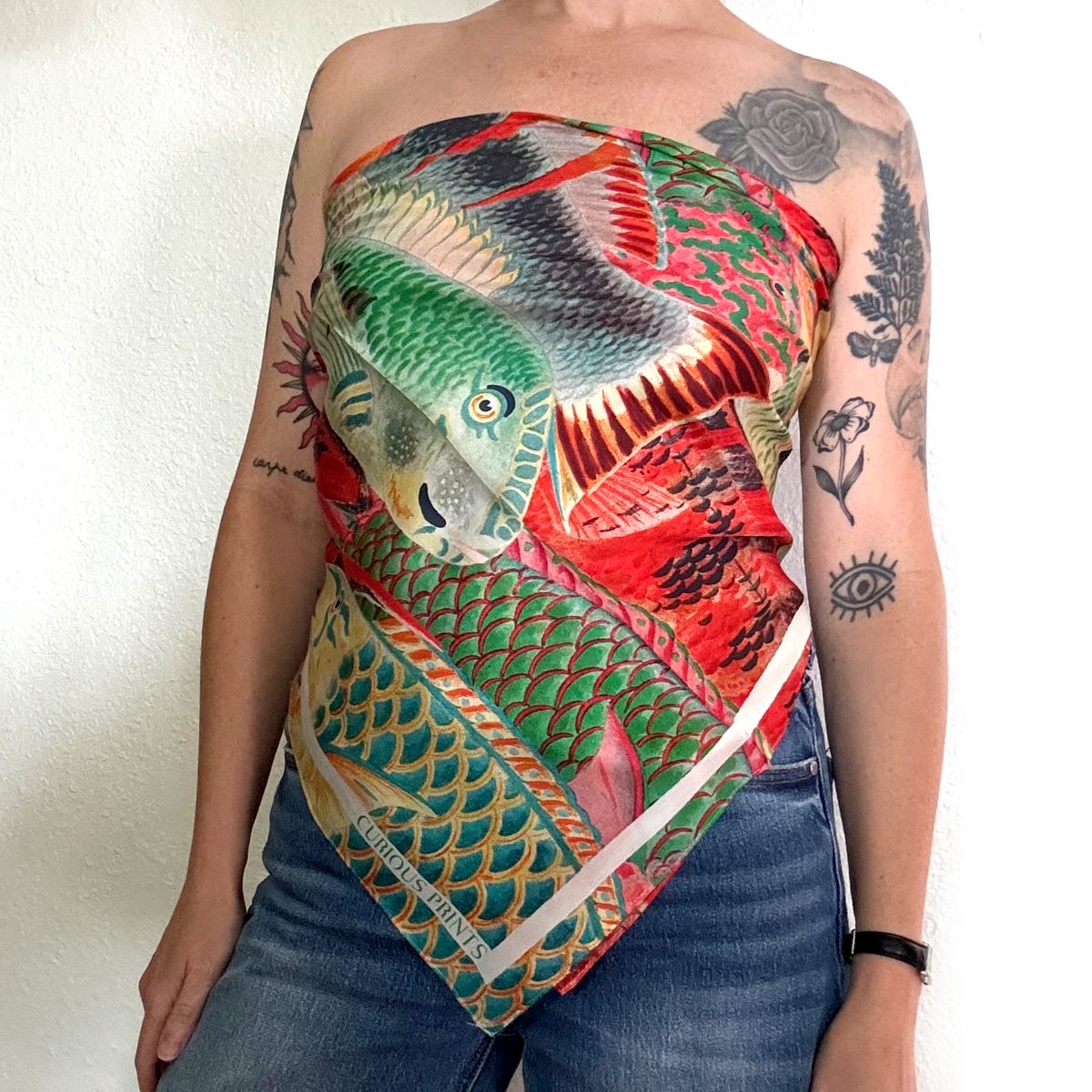 100% Silk Scarf Tropical Fish Summer Beach Bandana Tapestry: 35" x 35"