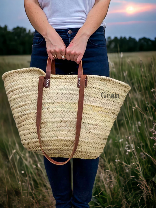Straw Bag with Leather Handles - French Market Basket: Brown