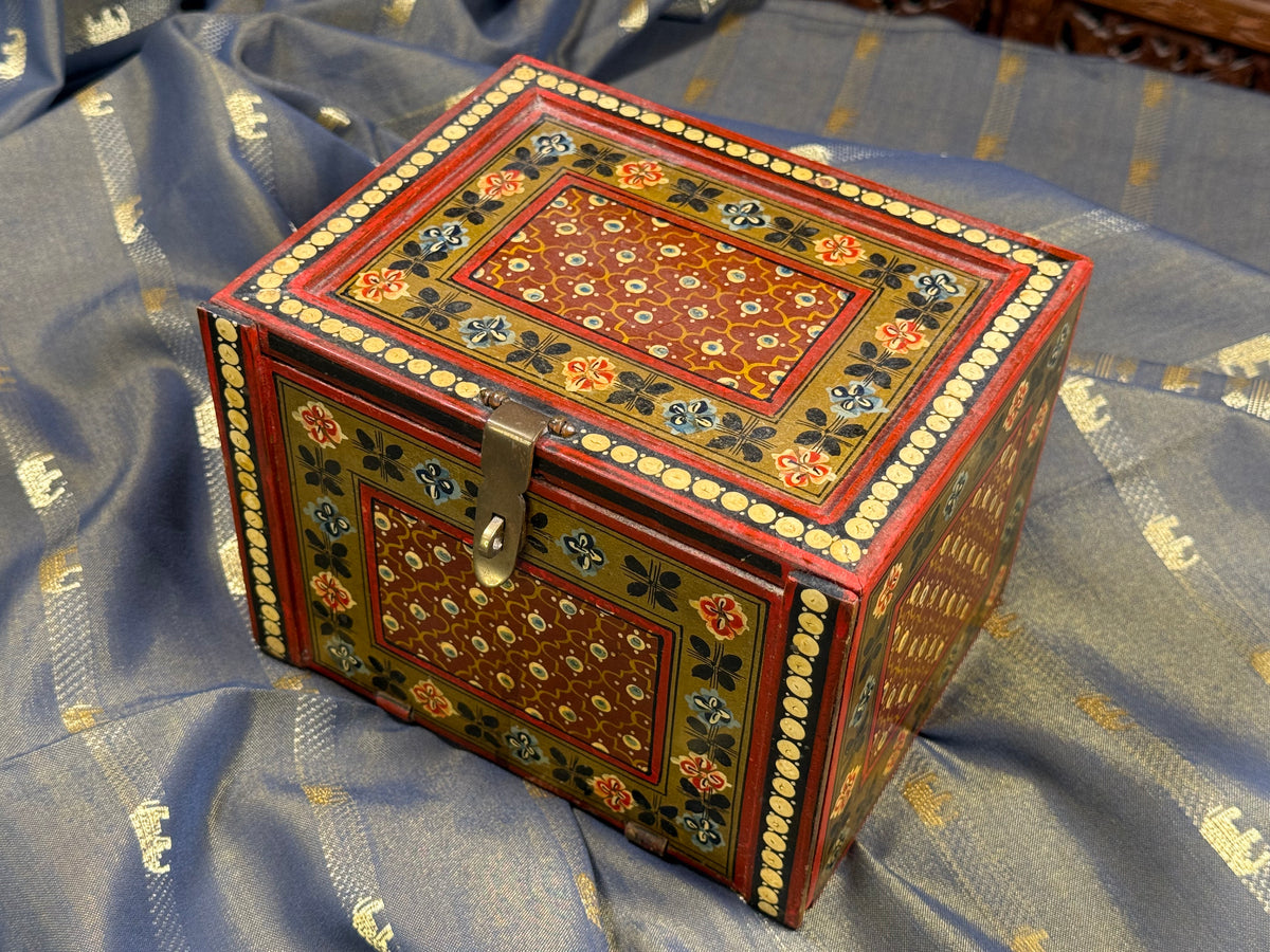 Vintage Indian Hand-Painted Wooden Jewelry Box in Red