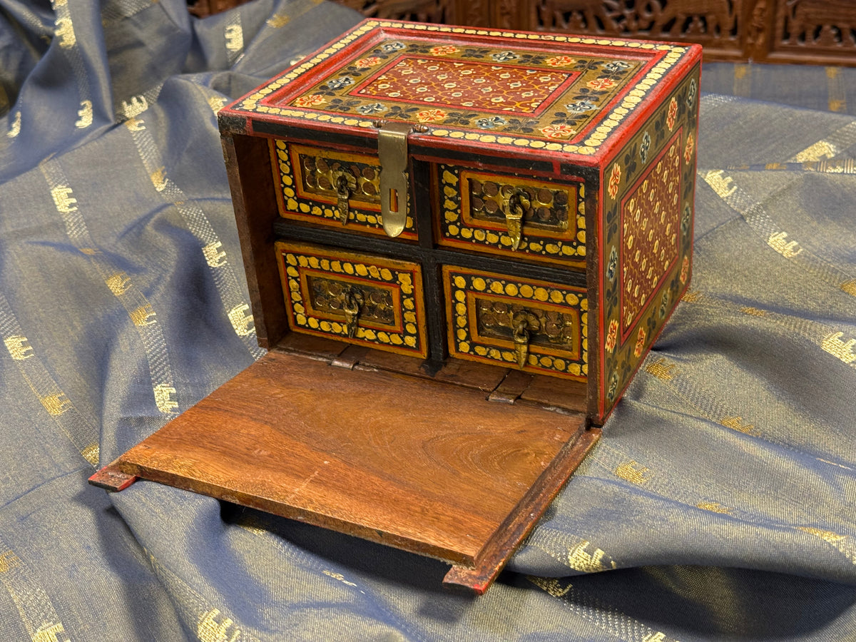 Vintage Indian Hand-Painted Wooden Jewelry Box in Red