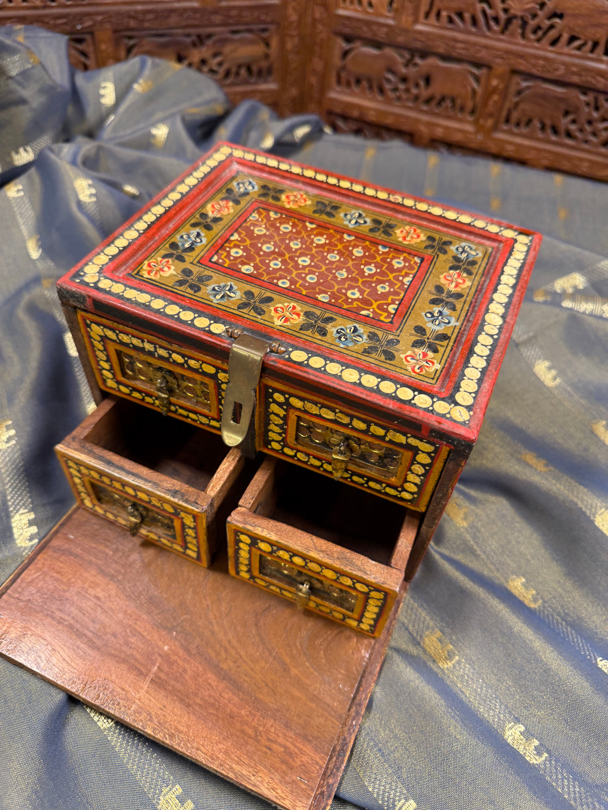 Vintage Indian Hand-Painted Wooden Jewelry Box in Red