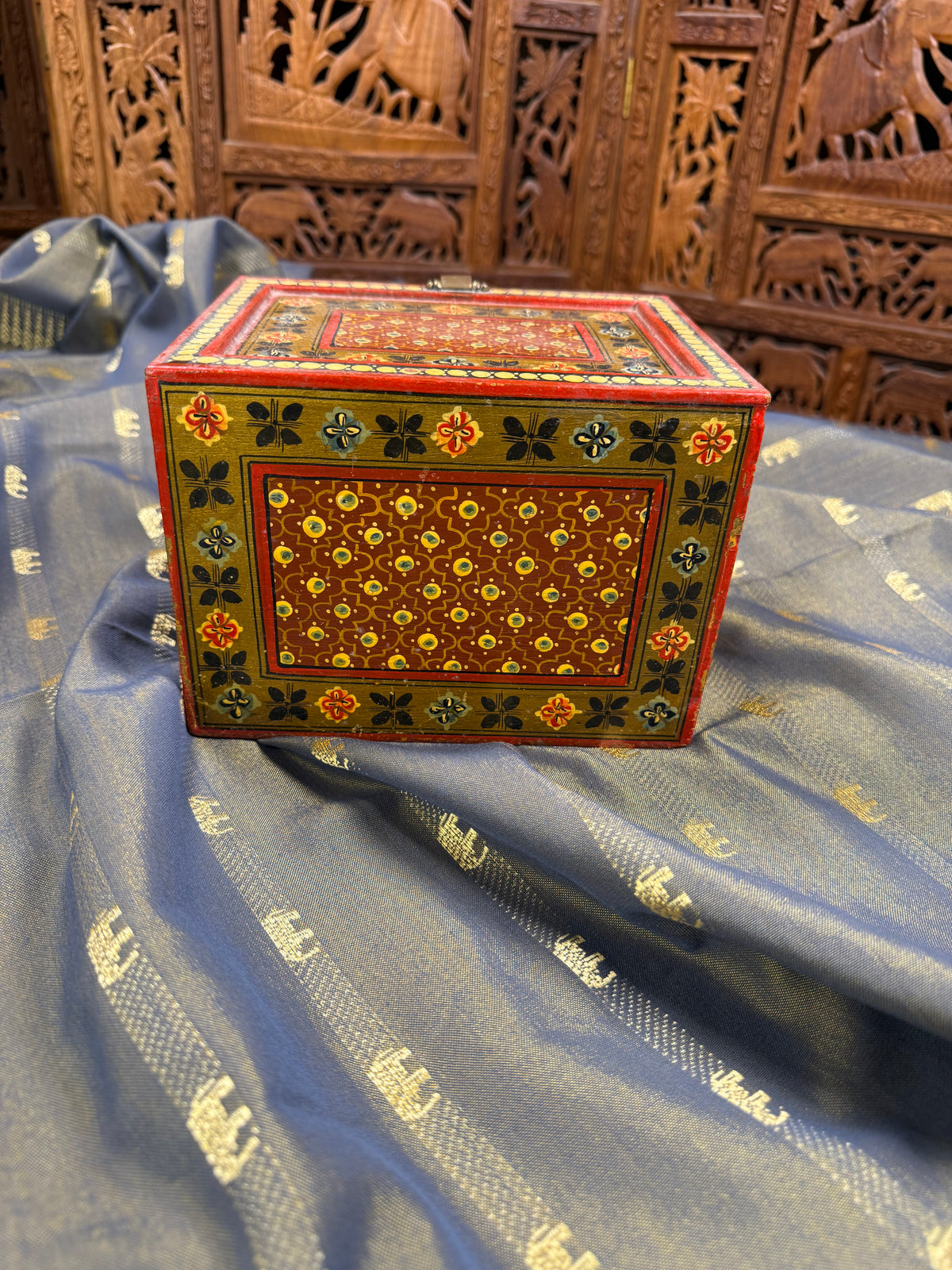 Vintage Indian Hand-Painted Wooden Jewelry Box in Red