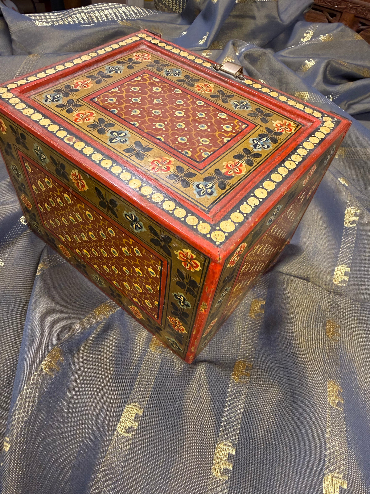 Vintage Indian Hand-Painted Wooden Jewelry Box in Red