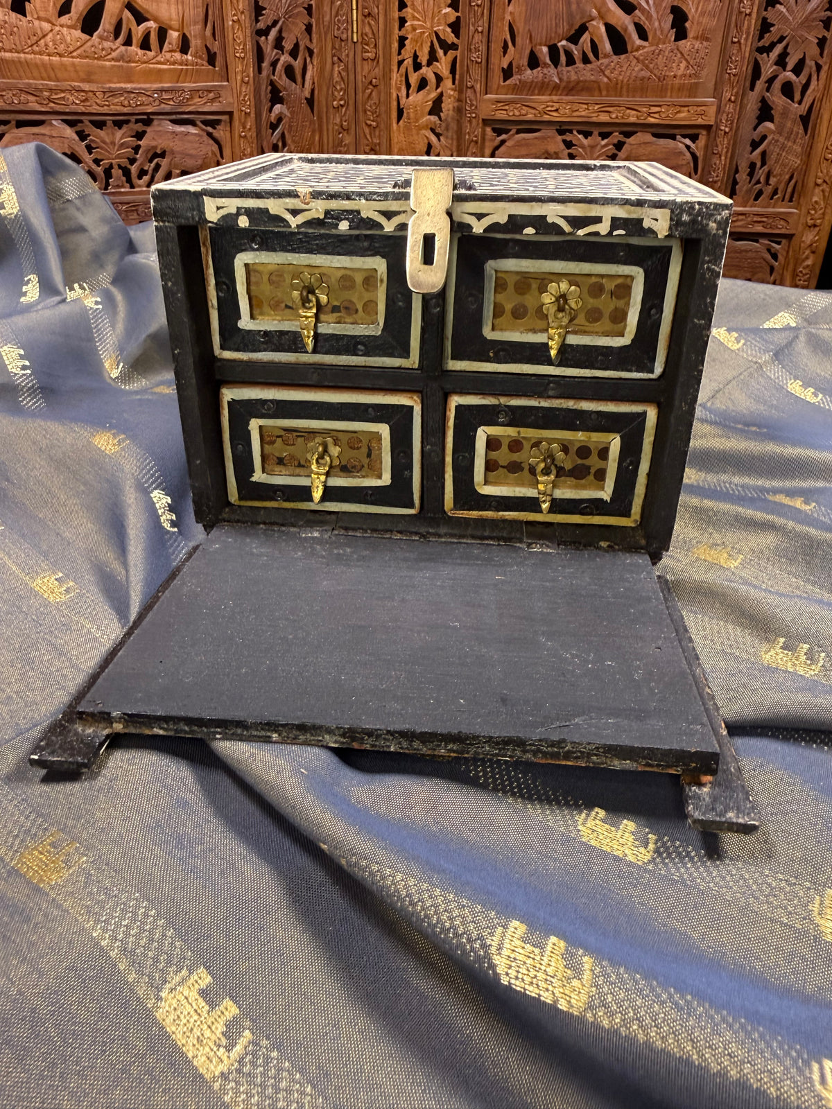 Vintage Indian Hand-Painted Wooden Jewelry Box in Black