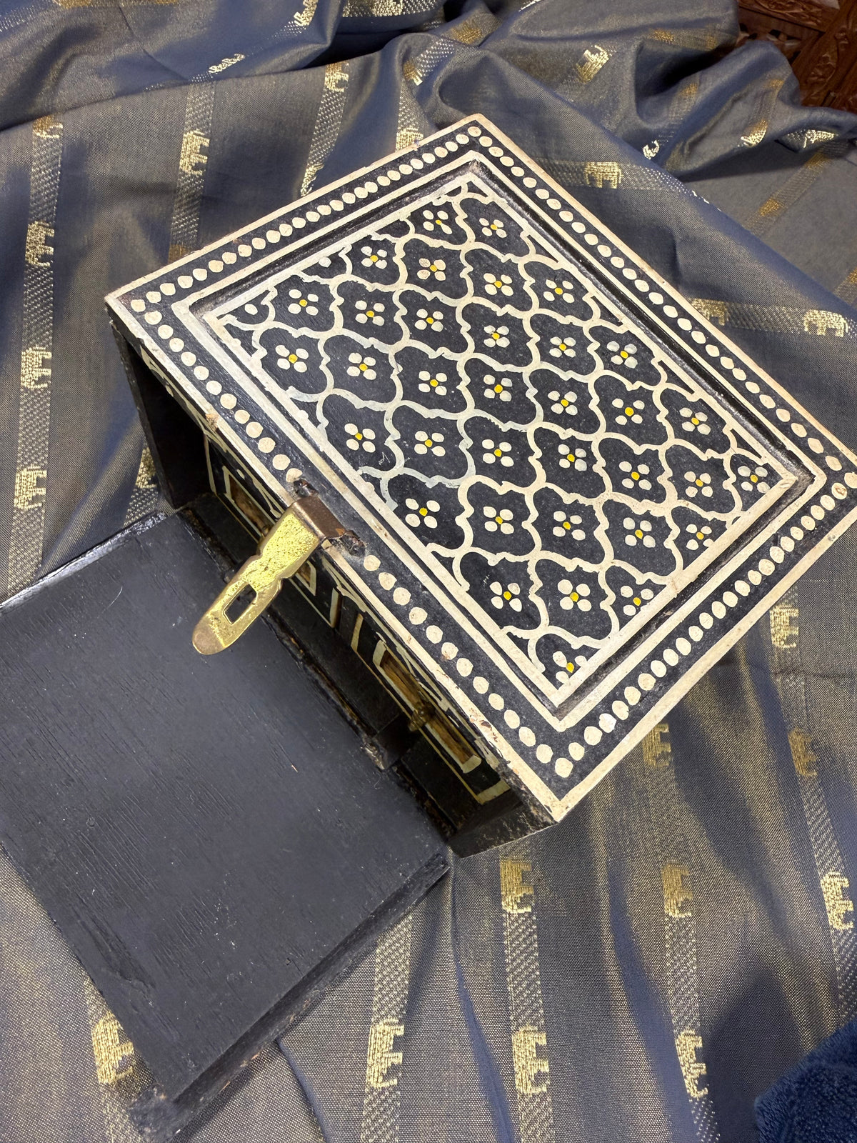 Vintage Indian Hand-Painted Wooden Jewelry Box in Black