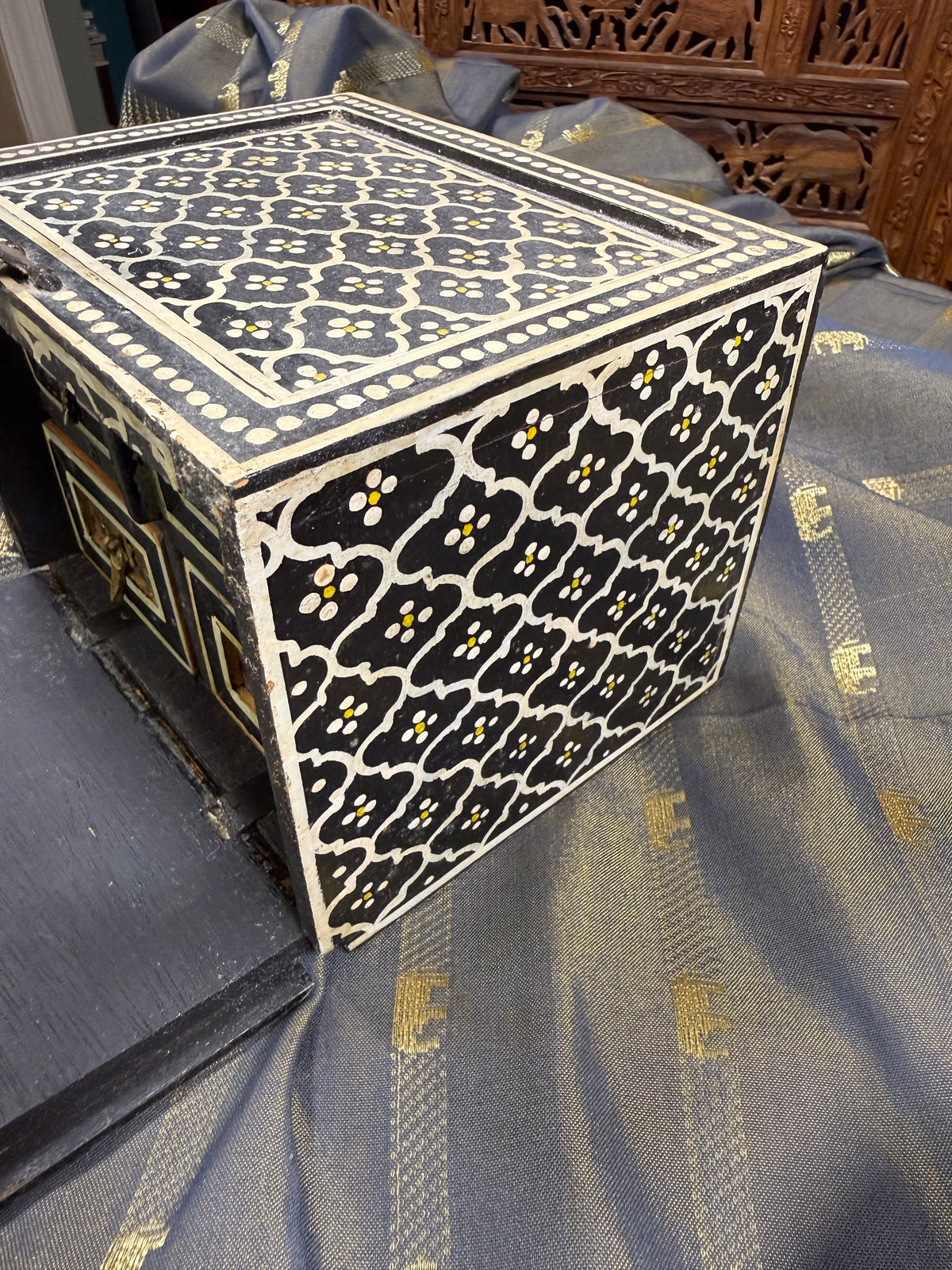 Vintage Indian Hand-Painted Wooden Jewelry Box in Black