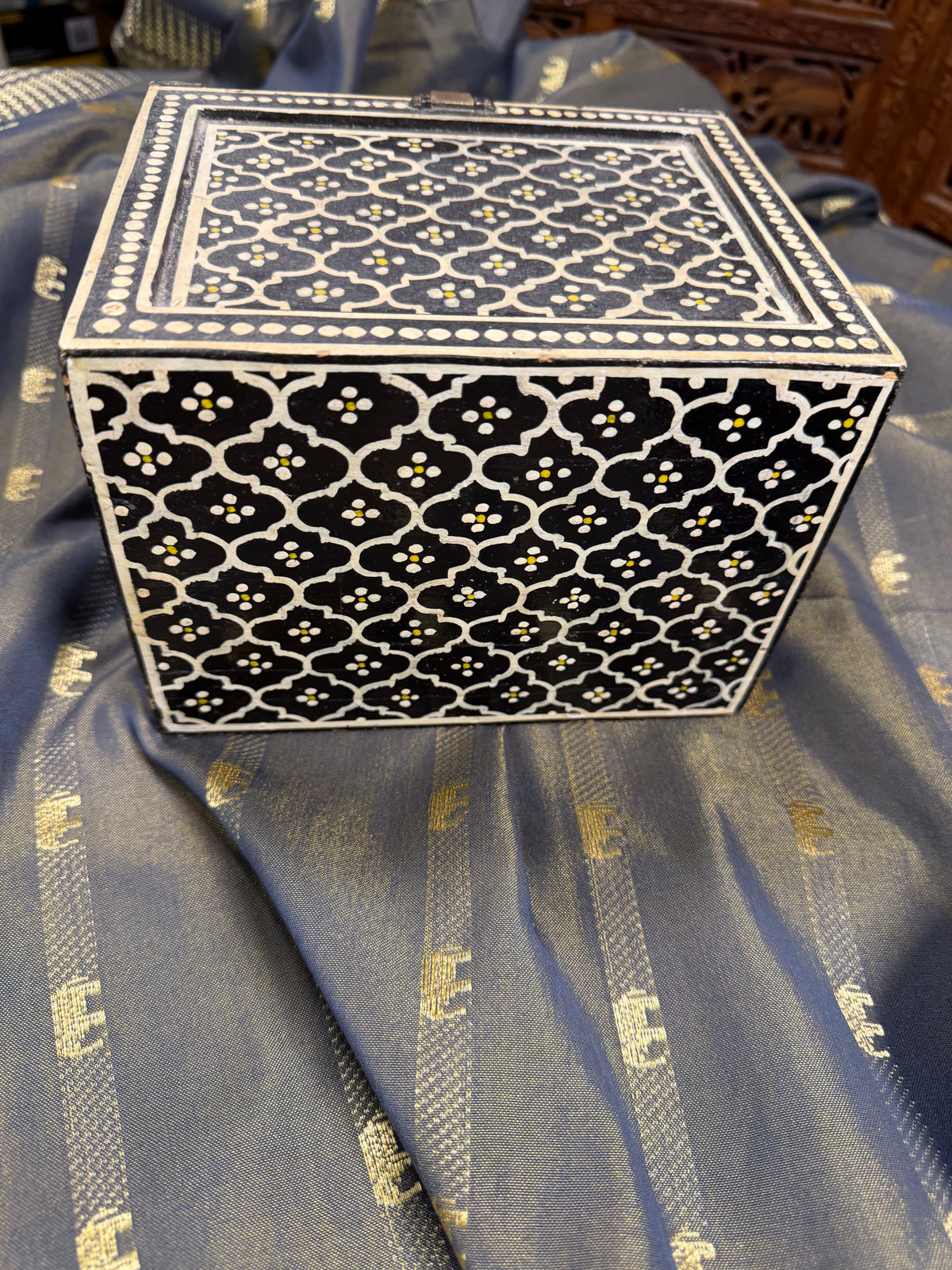 Vintage Indian Hand-Painted Wooden Jewelry Box in Black