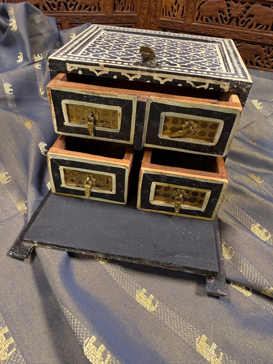 Vintage Indian Hand-Painted Wooden Jewelry Box in Black