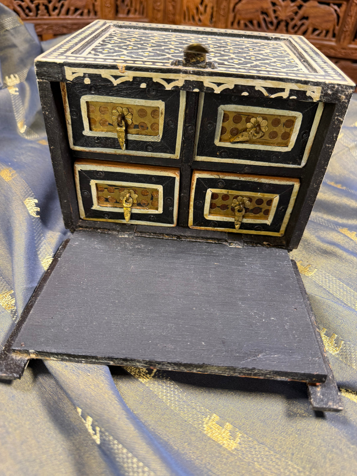 Vintage Indian Hand-Painted Wooden Jewelry Box in Black