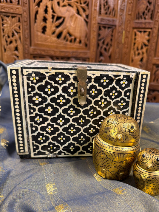 Vintage Indian Hand-Painted Wooden Jewelry Box in Black
