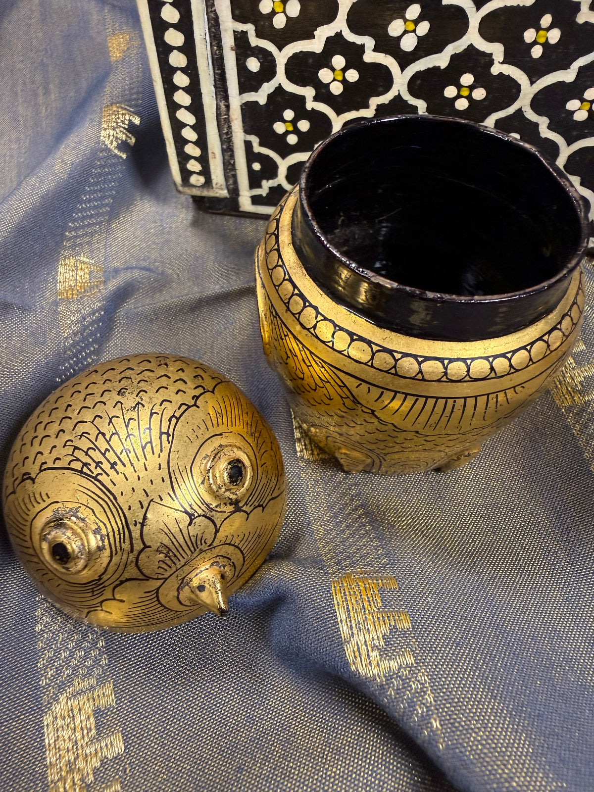 Vintage Burmese Lacquered Owl Box-Medium