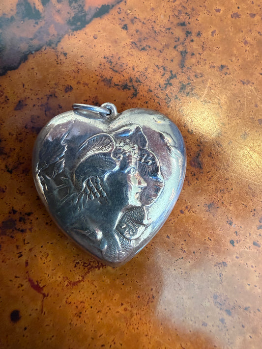 Victorian Sterling Silver Heart Pendant — Art Nouveau Female Profile, c. 1895–1910