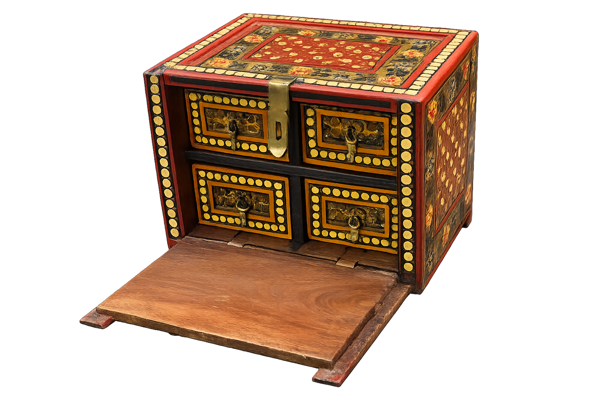 Vintage Indian Hand-Painted Wooden Jewelry Box in Red