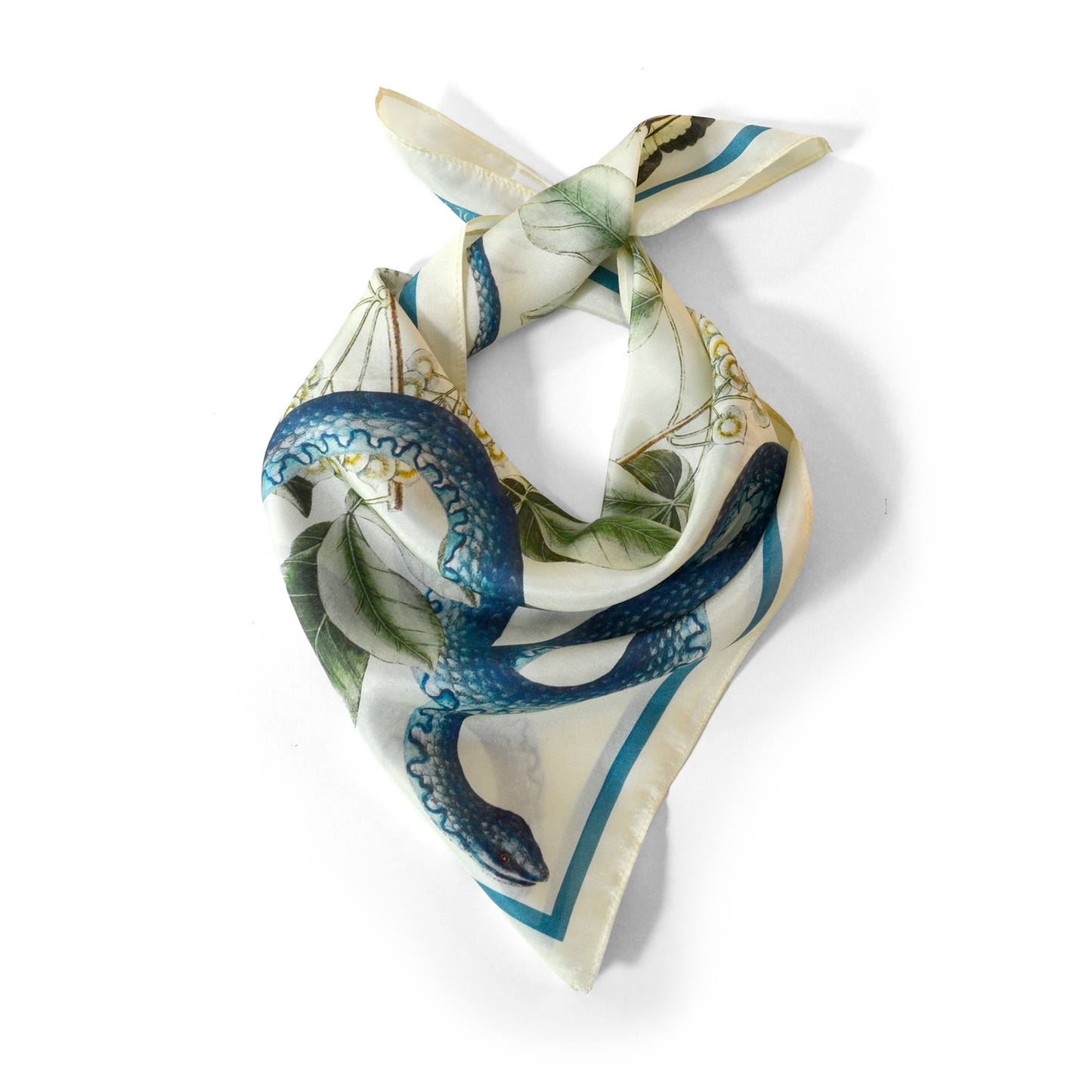 100% Silk Scarf Blue Snake and Butterfly Summer Bandana: 35" x 35"
