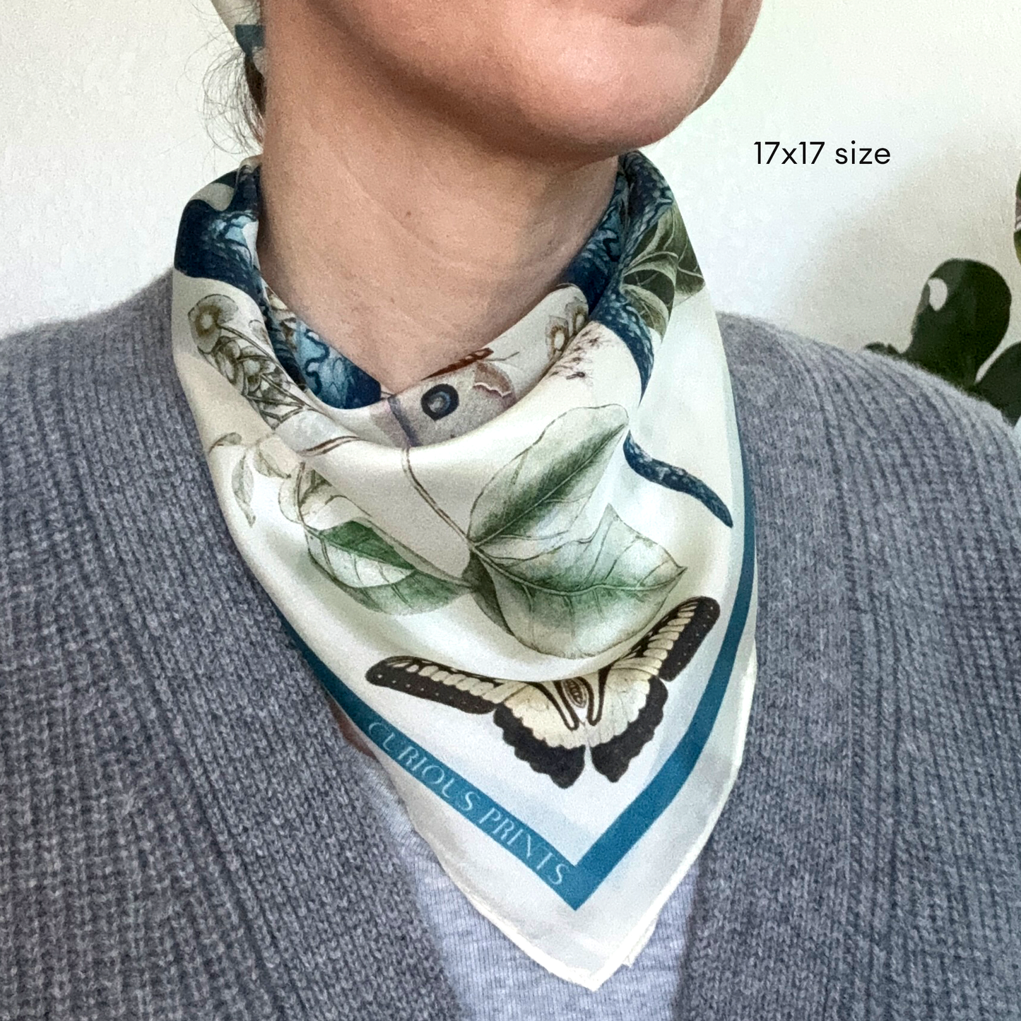100% Silk Scarf Blue Snake and Butterfly Summer Bandana: 35" x 35"