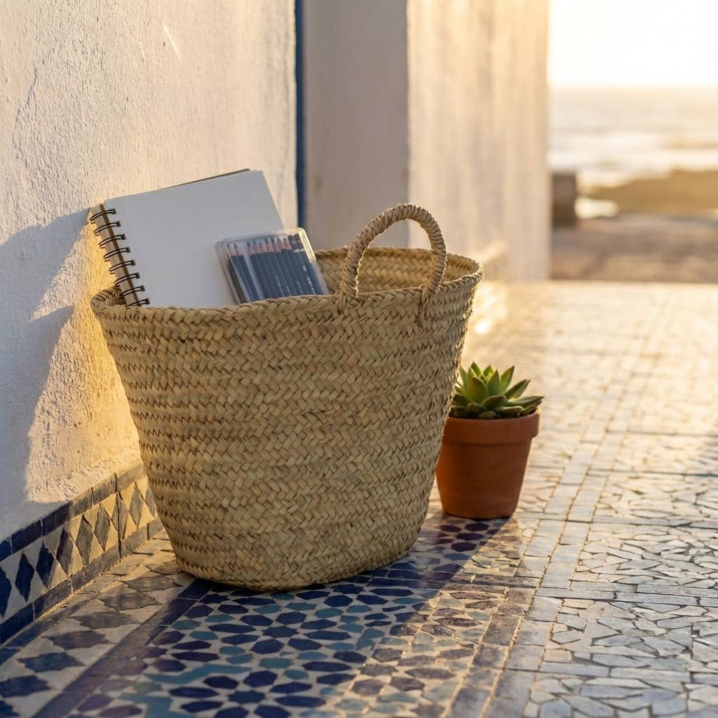 French Market Basket Palm Leaf Boho Beach Tote Bag: XLarge