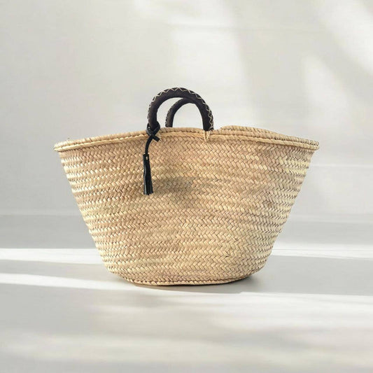 Summer Beach Bag, French Market Bag, Short Leather Handle.: Black / Leather
